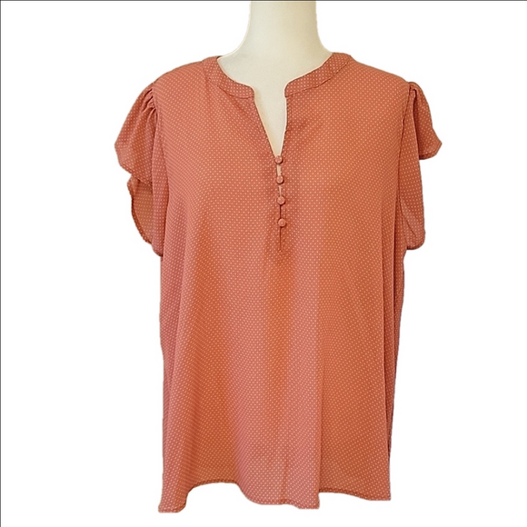Perch Tops - Curvy Girl 1x Flowy Boho Pink Polka Dot Blouse 1X